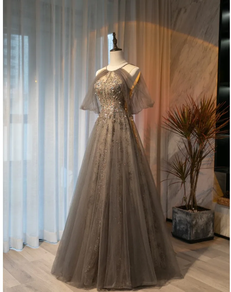 Beautiful Halter Tulle Beaded Floor Length Open Back Party Dress, A-line Tulle Long Prom Dress