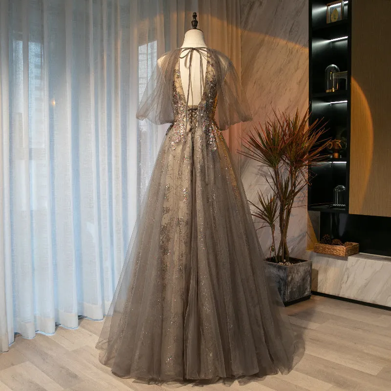 Beautiful Halter Tulle Beaded Floor Length Open Back Party Dress, A-line Tulle Long Prom Dress