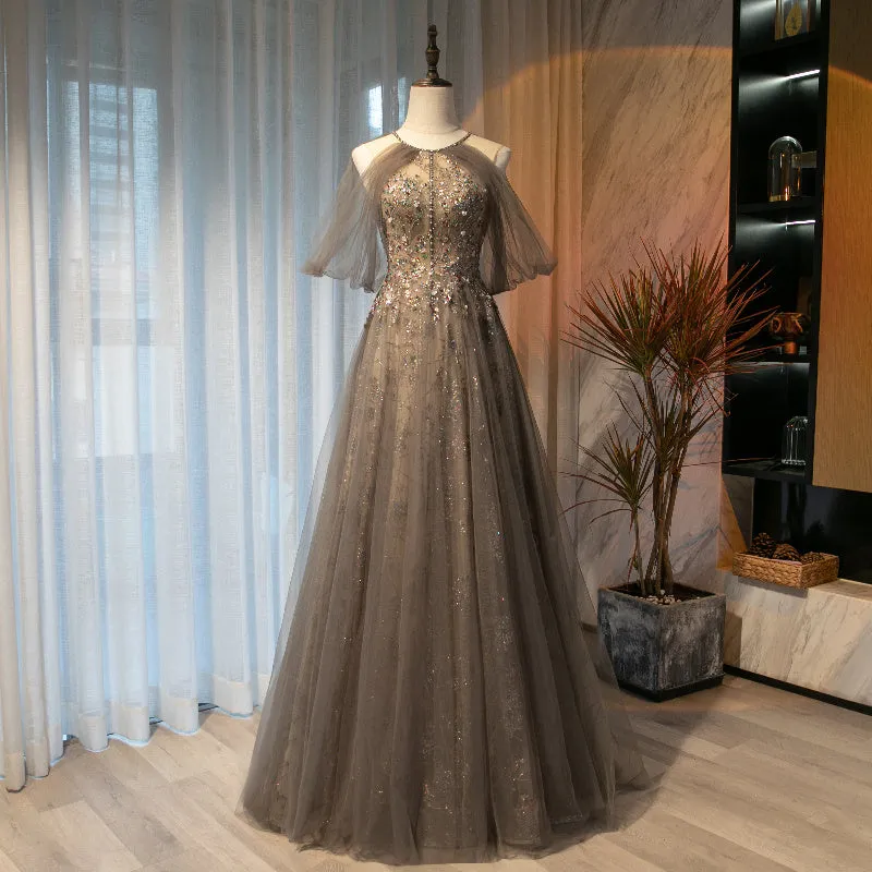 Beautiful Halter Tulle Beaded Floor Length Open Back Party Dress, A-line Tulle Long Prom Dress