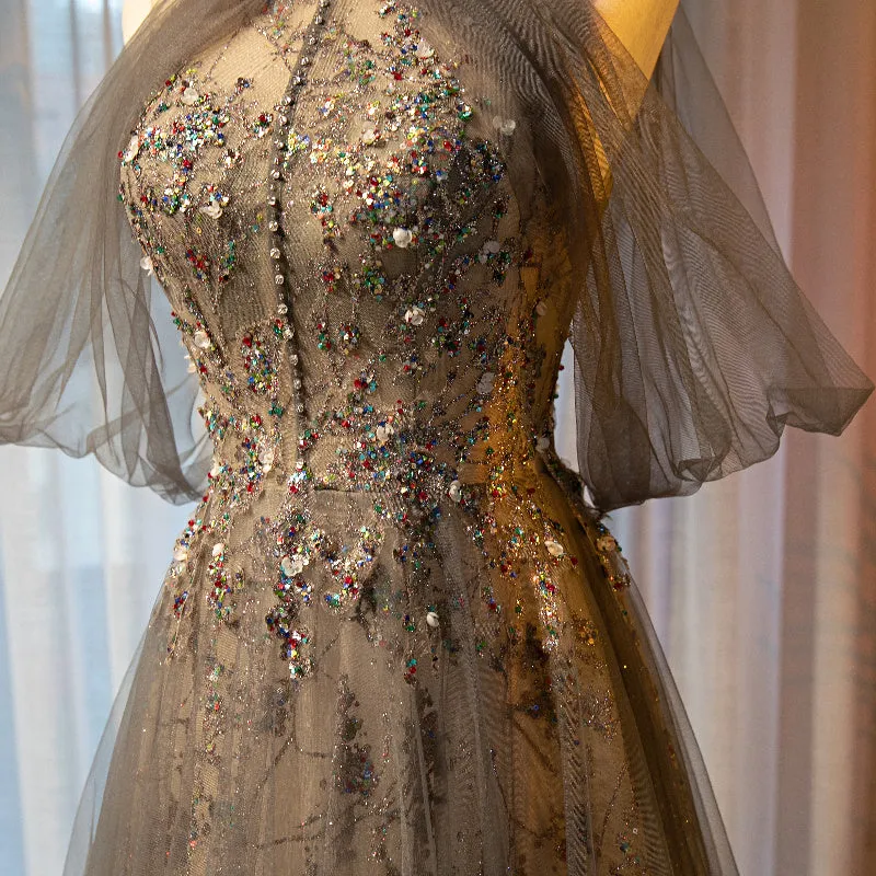 Beautiful Halter Tulle Beaded Floor Length Open Back Party Dress, A-line Tulle Long Prom Dress