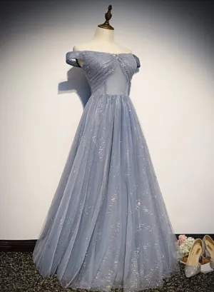Beautiful Long Strapless Blue Tulle Beaded Long, A Line Off Shoulder Prom Dress