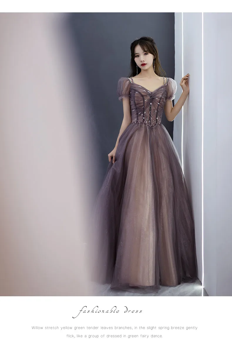 Beautiful Long Tulle Short Sleeves Beaded Junior Prom Dress, A-line Evening Dresses