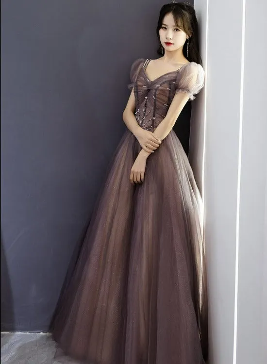 Beautiful Long Tulle Short Sleeves Beaded Junior Prom Dress, A-line Evening Dresses