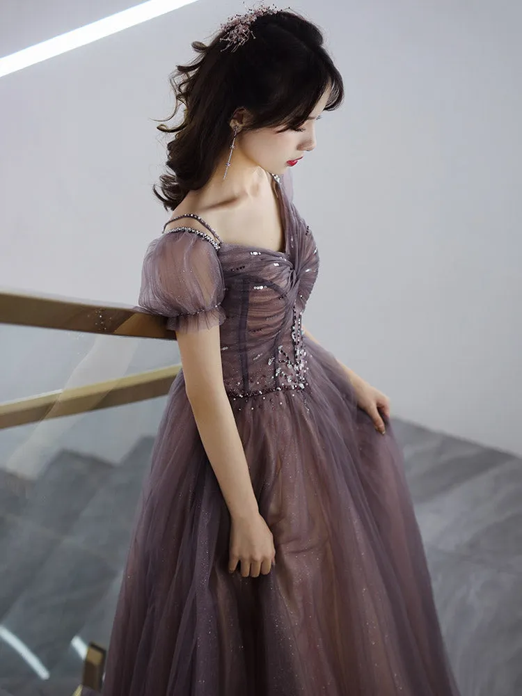 Beautiful Long Tulle Short Sleeves Beaded Junior Prom Dress, A-line Evening Dresses