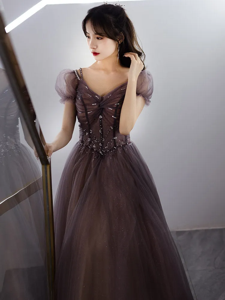 Beautiful Long Tulle Short Sleeves Beaded Junior Prom Dress, A-line Evening Dresses