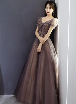 Beautiful Long Tulle Short Sleeves Beaded Junior Prom Dress, A-line Evening Dresses