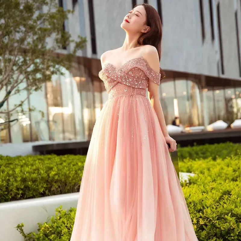 Beautiful Pink Tulle Gradient Beaded Off Shoulder Party Dress, Pink Prom Gown