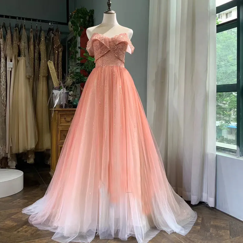 Beautiful Pink Tulle Gradient Beaded Off Shoulder Party Dress, Pink Prom Gown