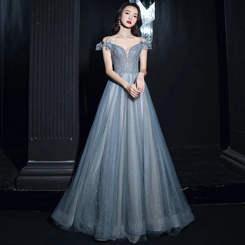 Beautiful Pretty Bue Beaded Off Shoulder Long Formal Dress Party Dress, Blue Evening Gowns