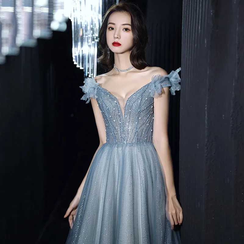 Beautiful Pretty Bue Beaded Off Shoulder Long Formal Dress Party Dress, Blue Evening Gowns