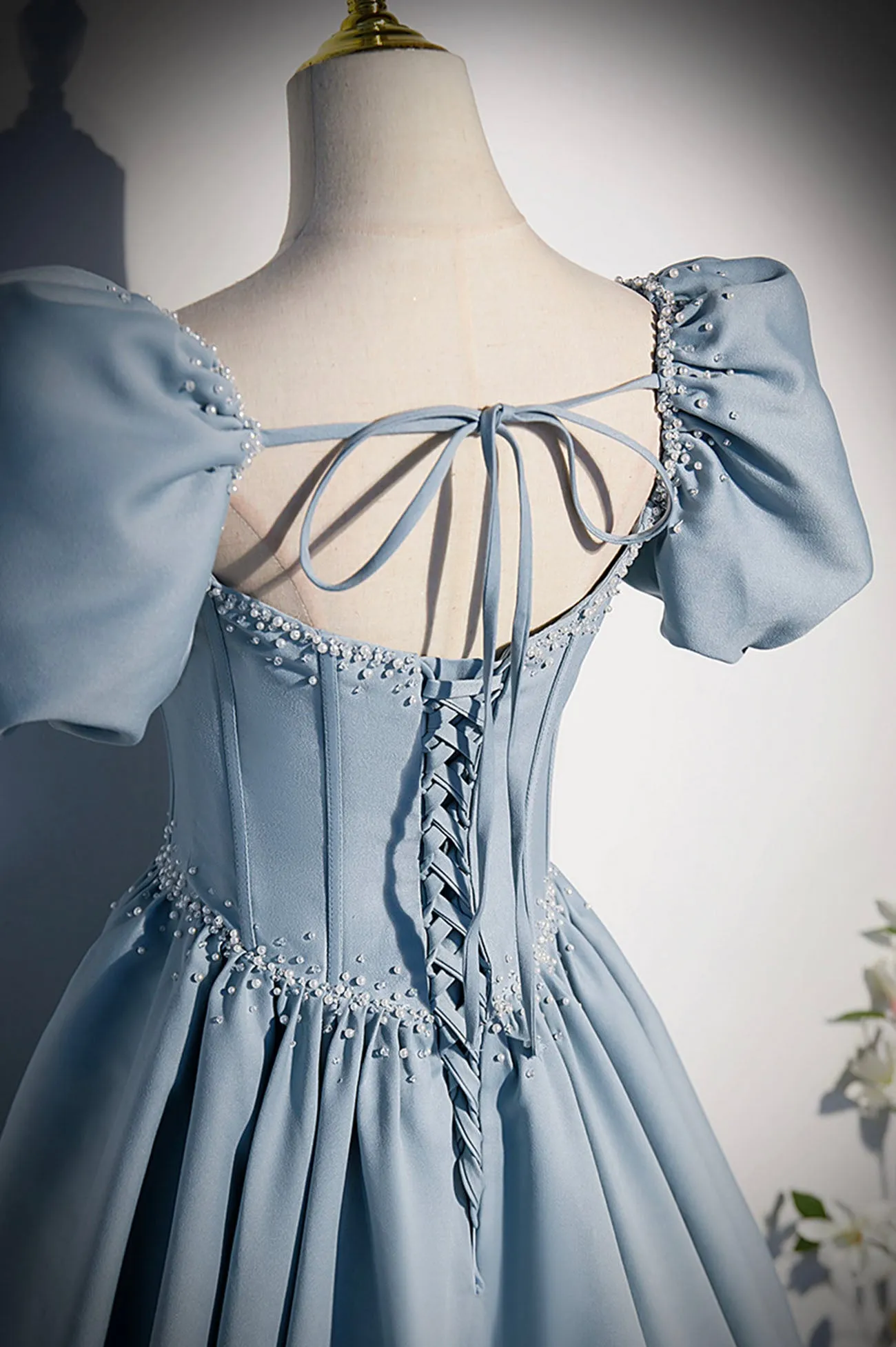 Beautiful Satin Beaded Short Sleeves Formal Gown, Long A-line Prom Dress Party Dresses