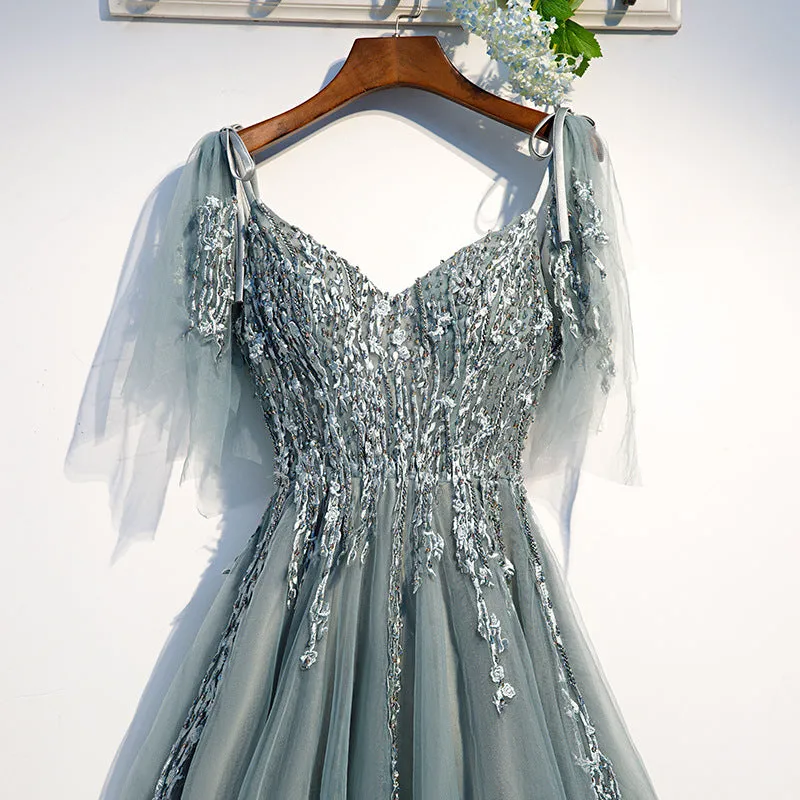 Beautiful Tulle Lace Beaded Long Straps A-line Prom Dress, New Style Junior Party Dresses