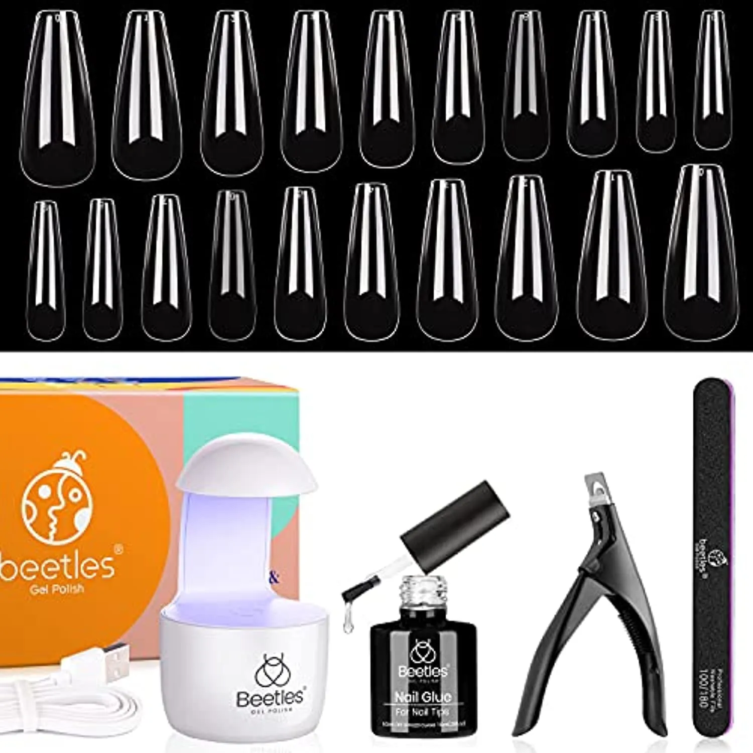 Beetles Coffin Nail Tips Nail Gel Kit, 2 In 1 Nail Gel Base Coat with Long False Nail and U V LED Nail Lamp for Gel Art Liner Polish Extension Different Nail Art Ideas DIY Home Manicure