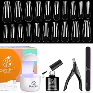 Beetles Coffin Nail Tips Nail Gel Kit, 2 In 1 Nail Gel Base Coat with Long False Nail and U V LED Nail Lamp for Gel Art Liner Polish Extension Different Nail Art Ideas DIY Home Manicure