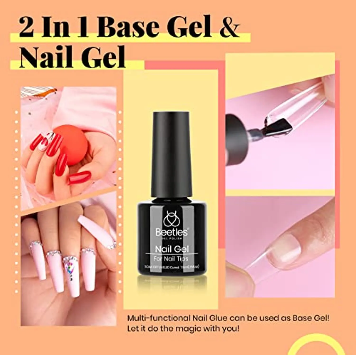 Beetles Coffin Nail Tips Nail Gel Kit, 2 In 1 Nail Gel Base Coat with Long False Nail and U V LED Nail Lamp for Gel Art Liner Polish Extension Different Nail Art Ideas DIY Home Manicure