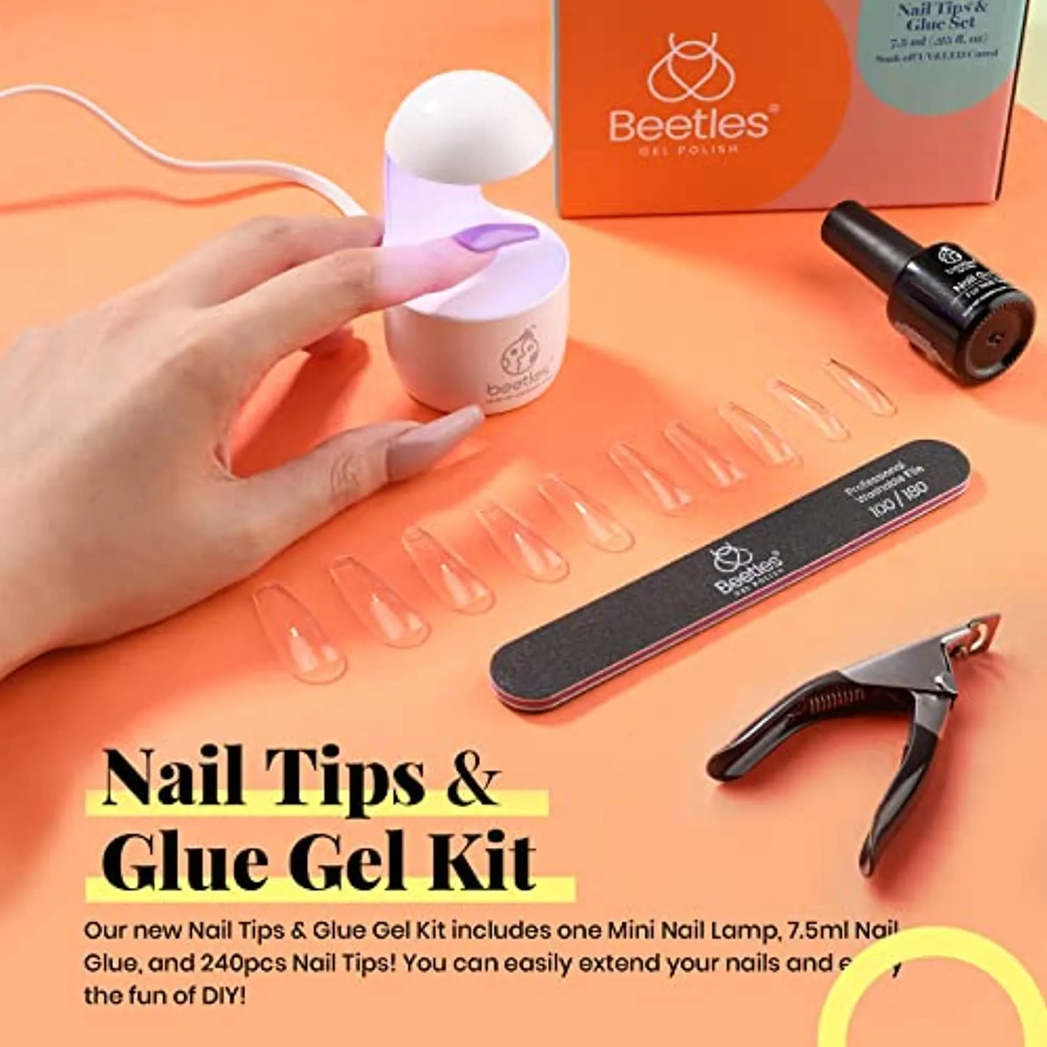 Beetles Coffin Nail Tips Nail Gel Kit, 2 In 1 Nail Gel Base Coat with Long False Nail and U V LED Nail Lamp for Gel Art Liner Polish Extension Different Nail Art Ideas DIY Home Manicure