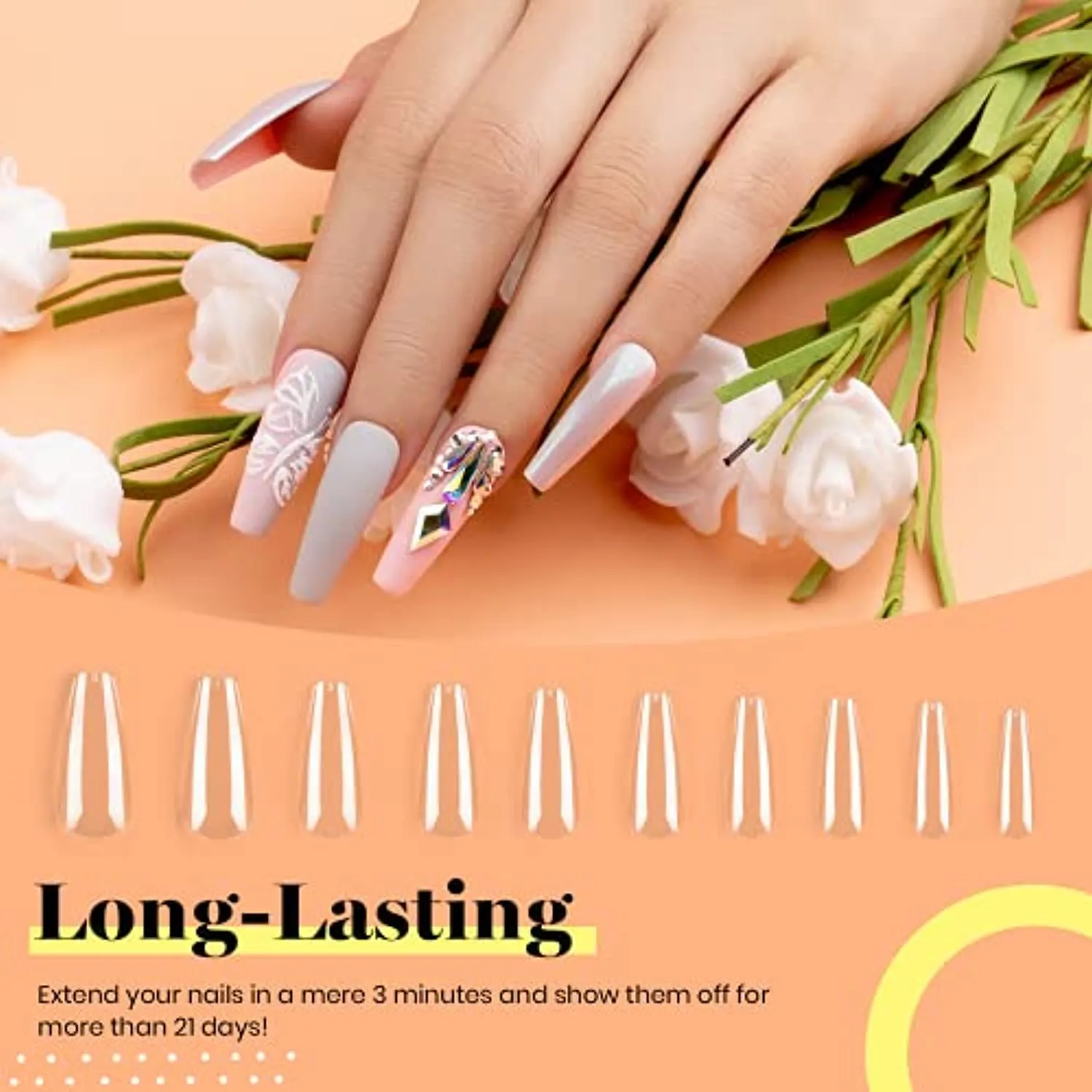Beetles Coffin Nail Tips Nail Gel Kit, 2 In 1 Nail Gel Base Coat with Long False Nail and U V LED Nail Lamp for Gel Art Liner Polish Extension Different Nail Art Ideas DIY Home Manicure