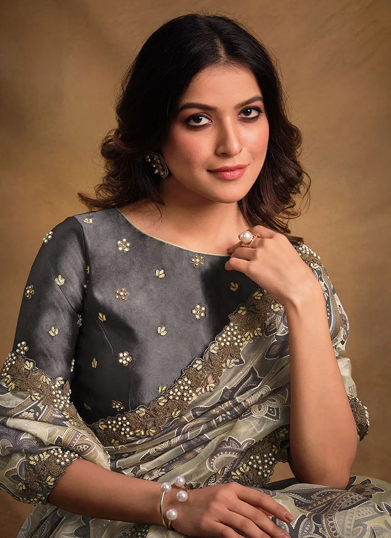 Beige And Grey Multi Embroidery Traditional Festive Saree