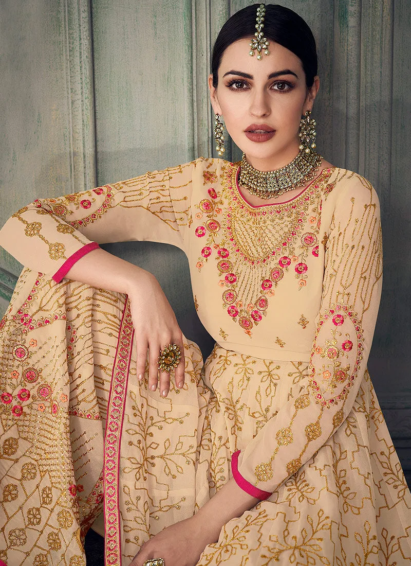 Beige Golden And Pink Ethnic Embroidered Anarkali Gharara Suit