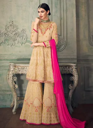 Beige Golden And Pink Ethnic Embroidered Anarkali Gharara Suit