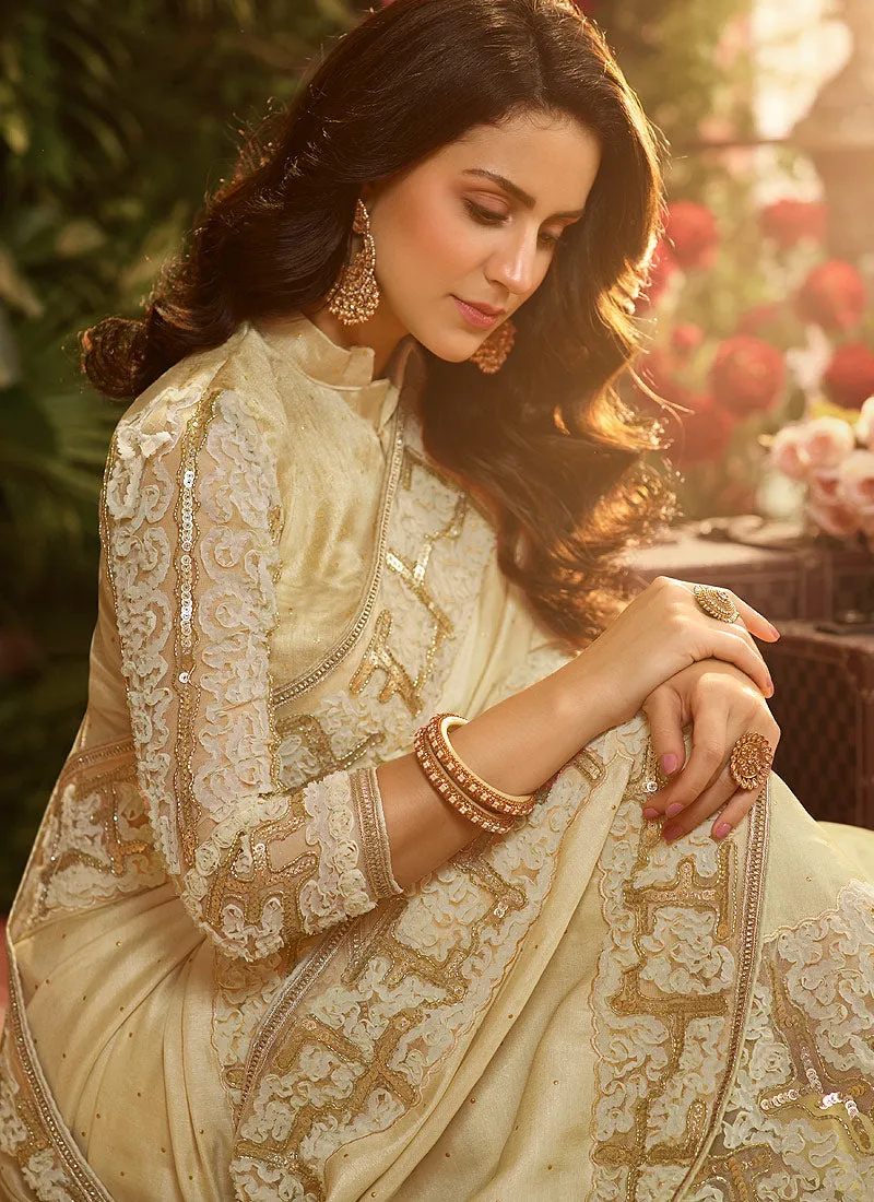 Beige Golden Designer Saree With Blouse