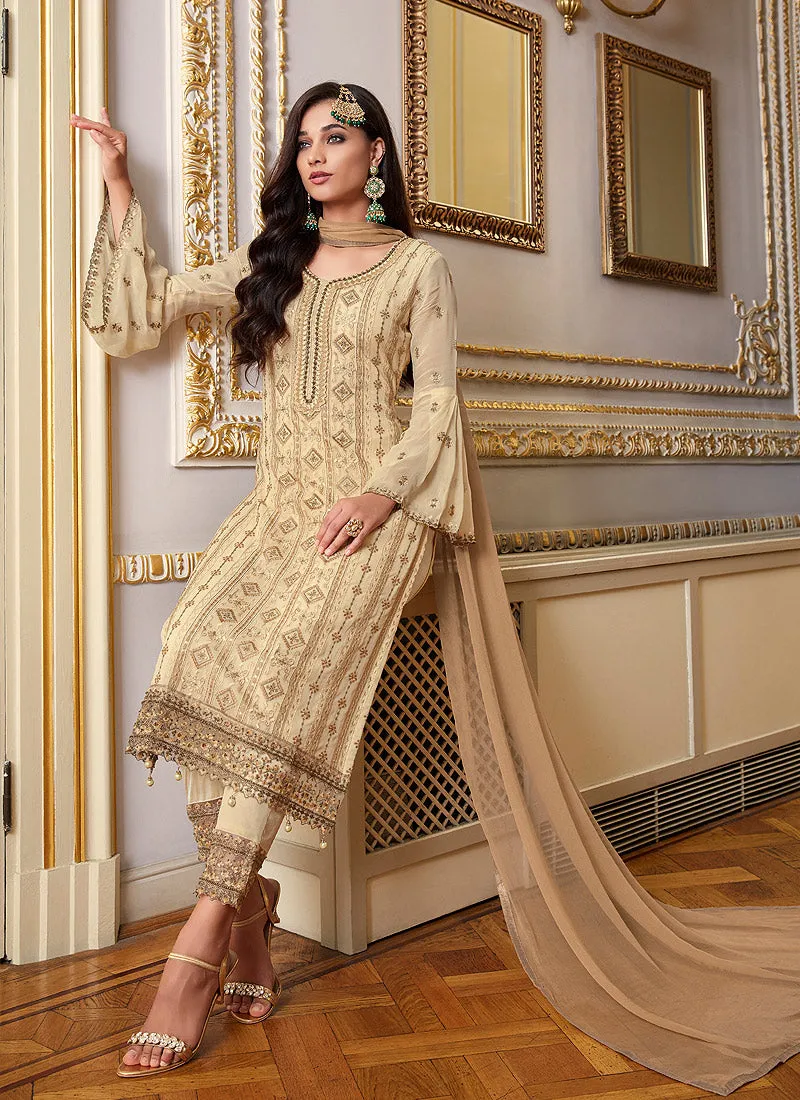 Beige Golden Embroidery Pakistani Pant Suit