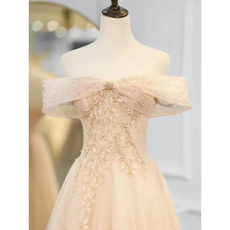 Beutiful Pink Off Shoulder Tulle Beaded Long Party Dresses, Pink Formal Dresses