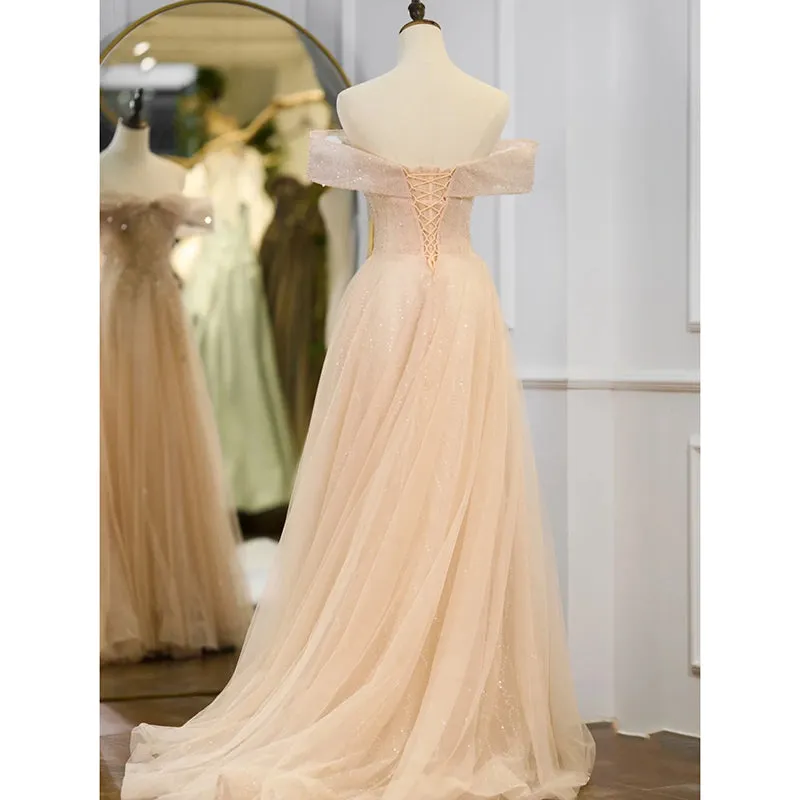 Beutiful Pink Off Shoulder Tulle Beaded Long Party Dresses, Pink Formal Dresses