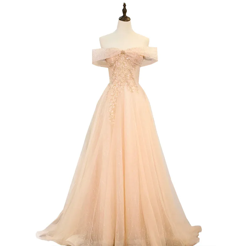 Beutiful Pink Off Shoulder Tulle Beaded Long Party Dresses, Pink Formal Dresses