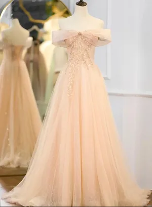 Beutiful Pink Off Shoulder Tulle Beaded Long Party Dresses, Pink Formal Dresses