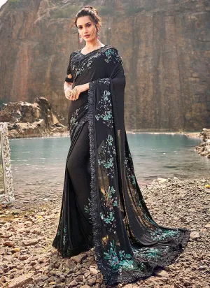 Black And Blue Floral Embroidered Party Wear Saree