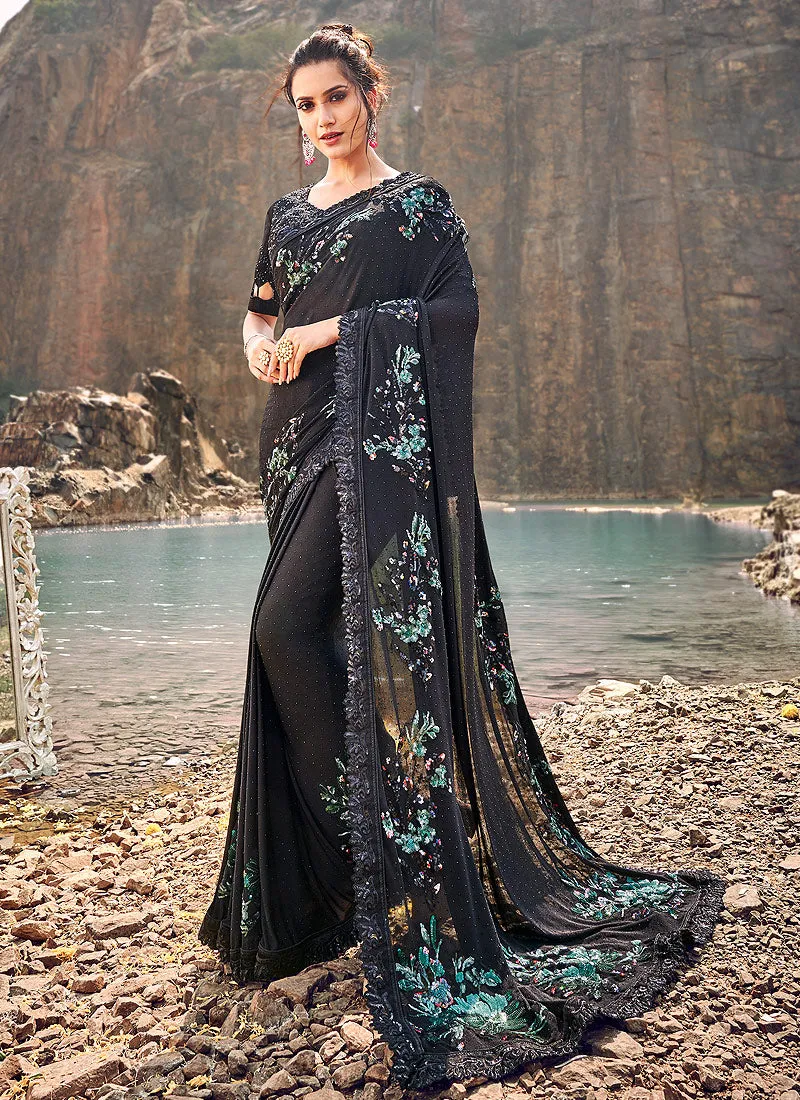 Black And Blue Floral Embroidered Party Wear Saree
