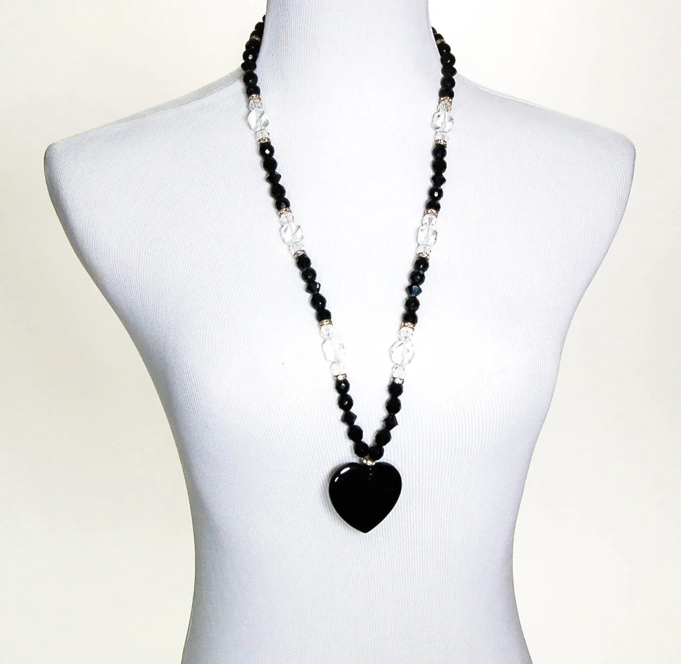Black and Cut Crystal Heart Necklace