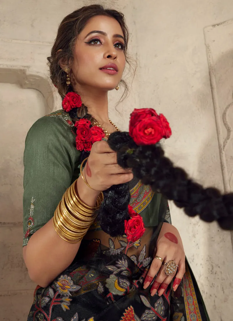 Black And Green Traditional Embroidery Organza Silk Saree