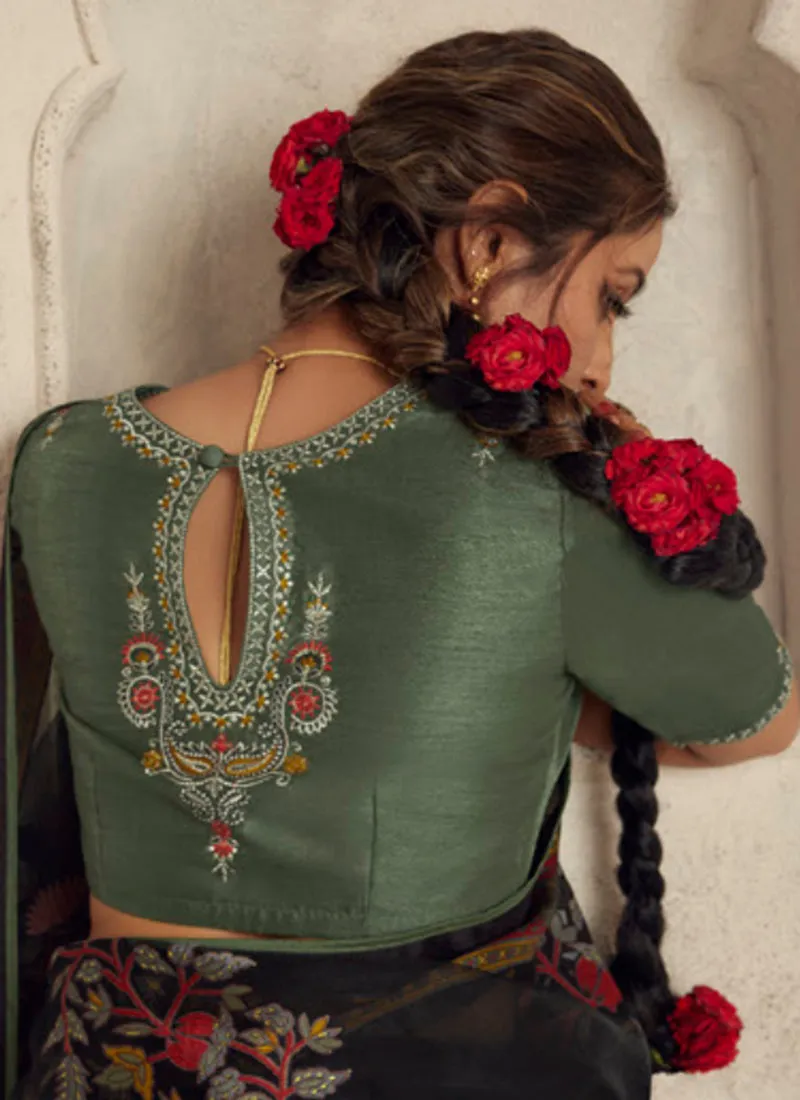 Black And Green Traditional Embroidery Organza Silk Saree