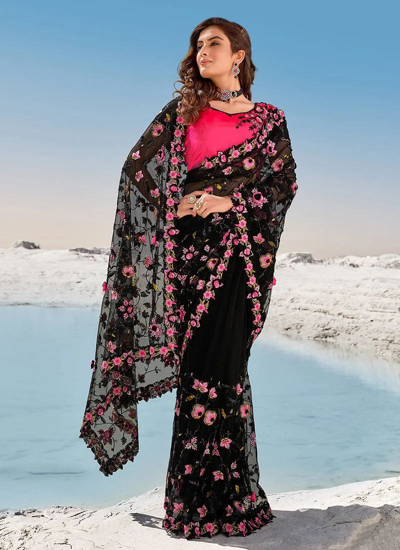 Black And Pink Motif Embroidered Wedding Saree