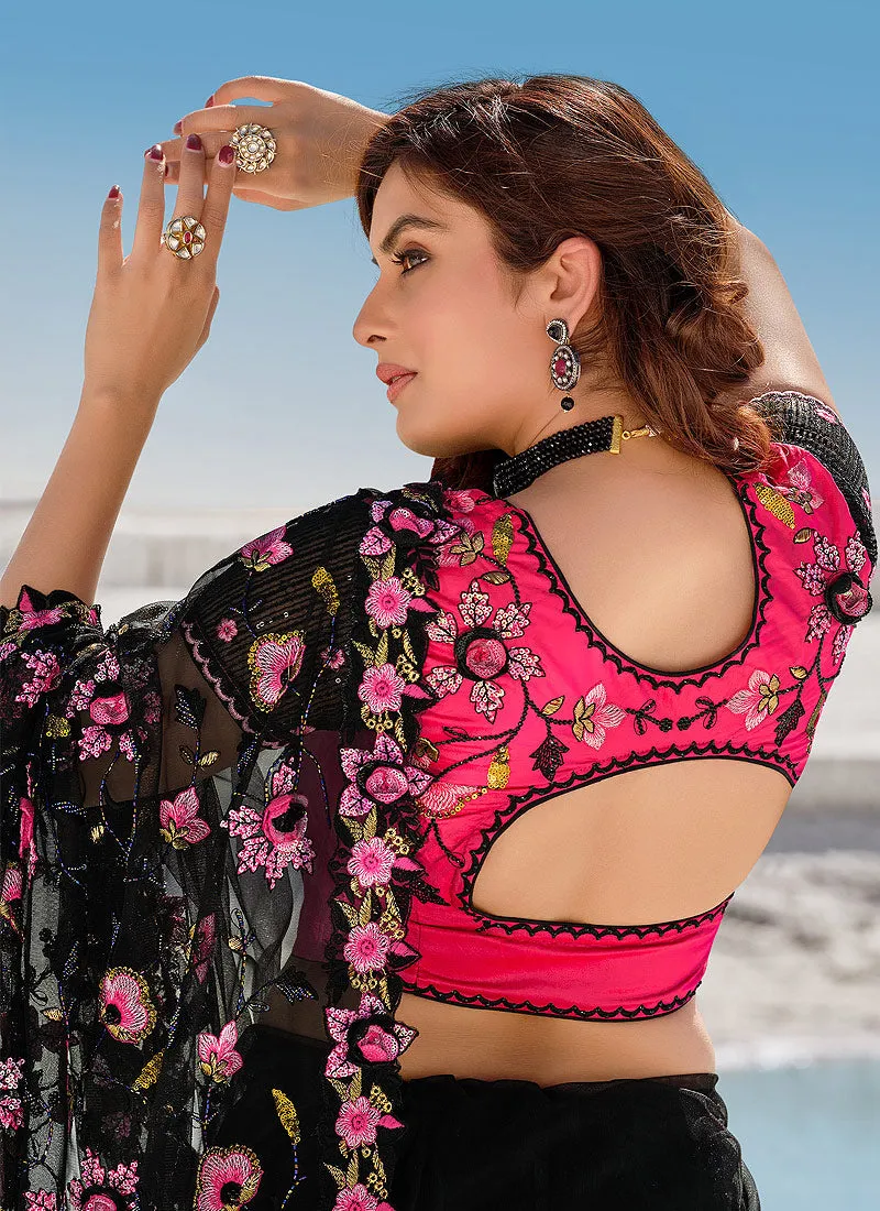 Black And Pink Motif Embroidered Wedding Saree