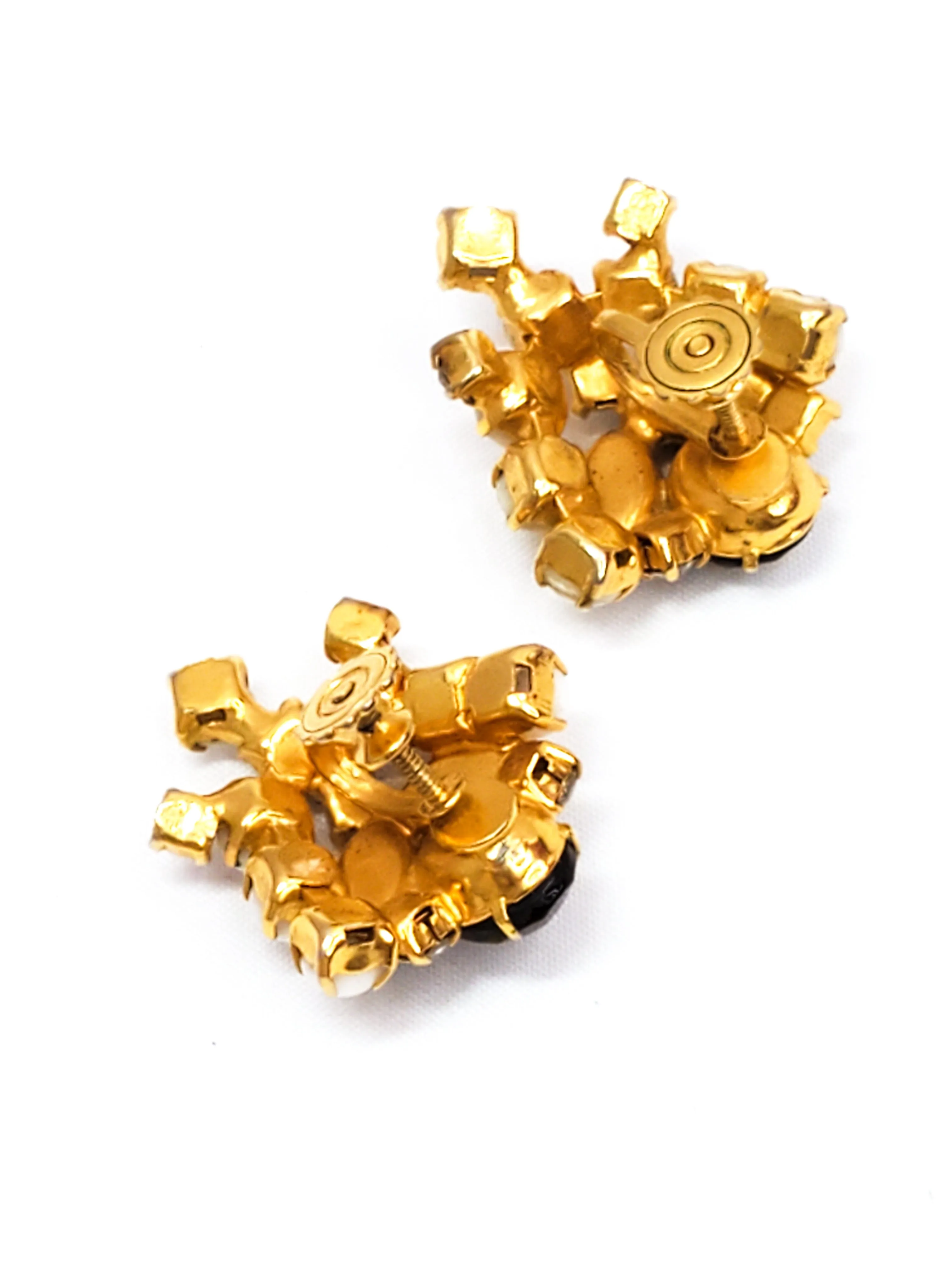 Black and white milk glass and rhinestone gold toned screw back vintage earrings mid century