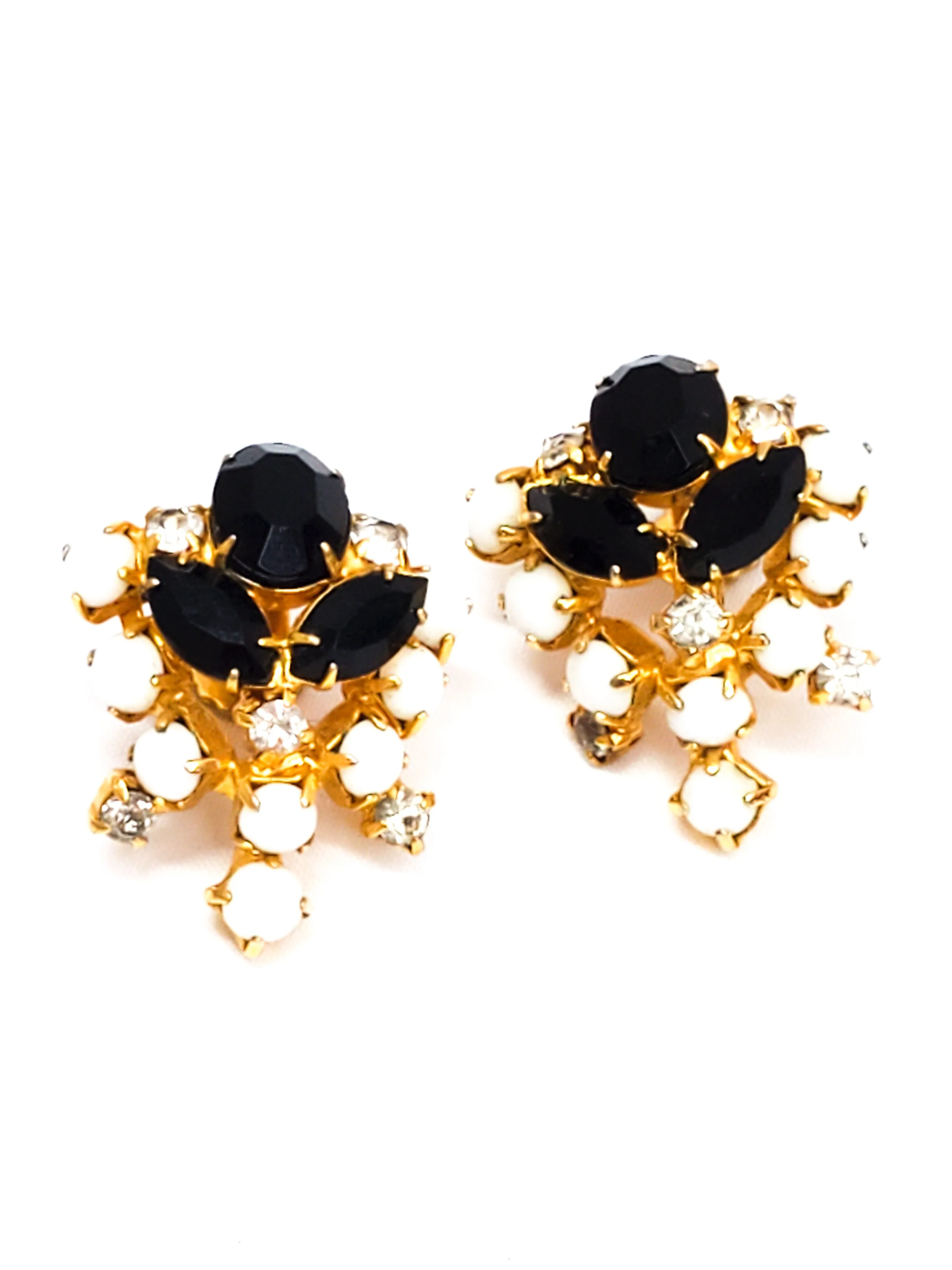 Black and white milk glass and rhinestone gold toned screw back vintage earrings mid century