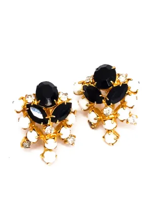 Black and white milk glass and rhinestone gold toned screw back vintage earrings mid century
