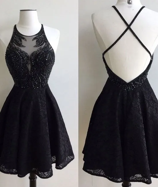 Black Beaded Embellished Halter Crew Neck Short Lace Homecoming Dress Featuring Criss-Cross Open Back