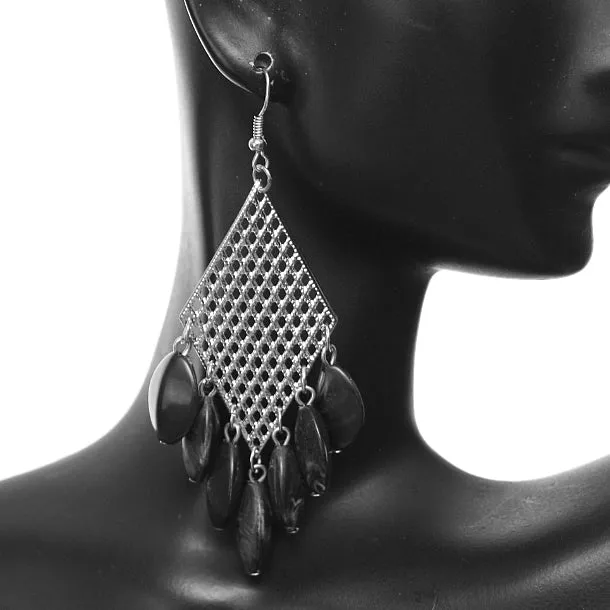 Black Beaded Filigree Caged Dangle Earrings
