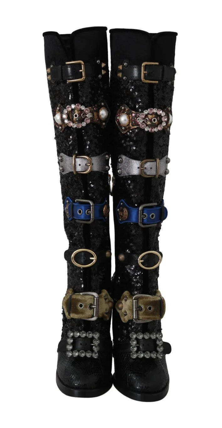 Black Crystal Sequined Buckle Boots