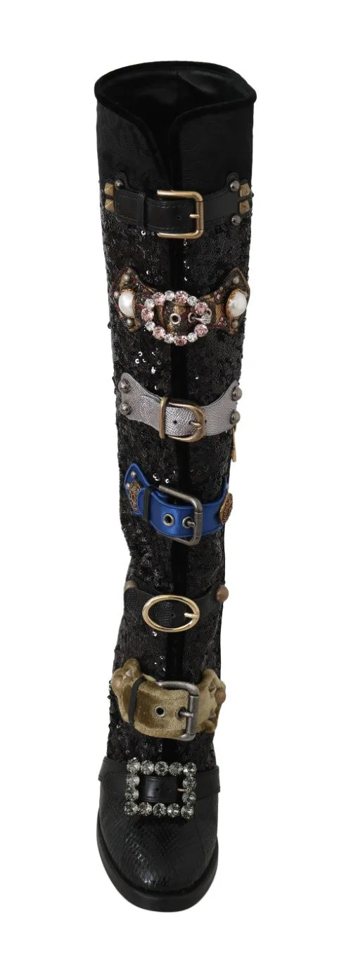 Black Crystal Sequined Buckle Boots