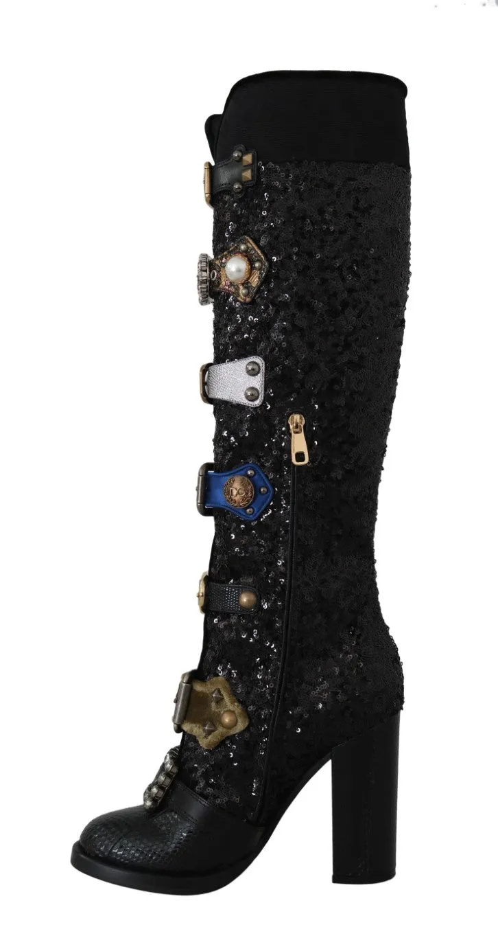 Black Crystal Sequined Buckle Boots