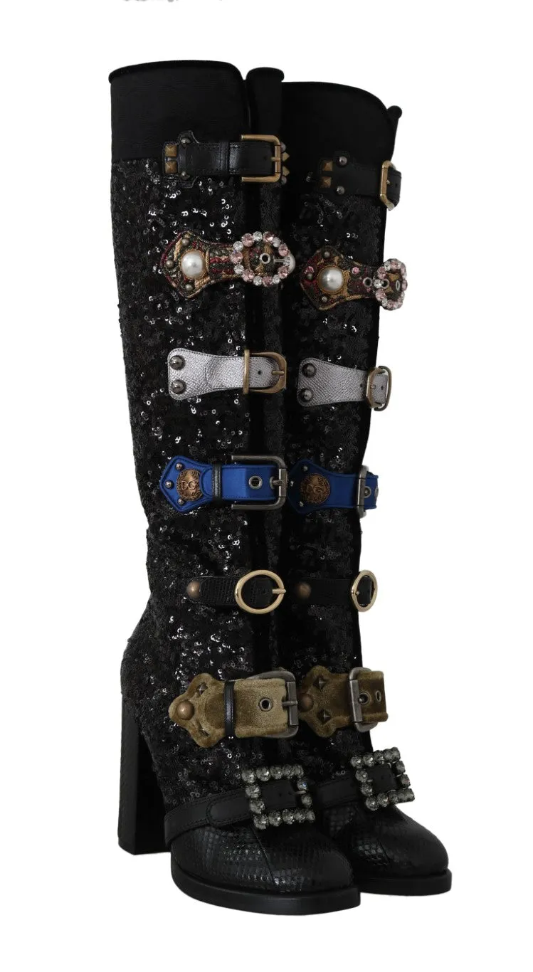 Black Crystal Sequined Buckle Boots
