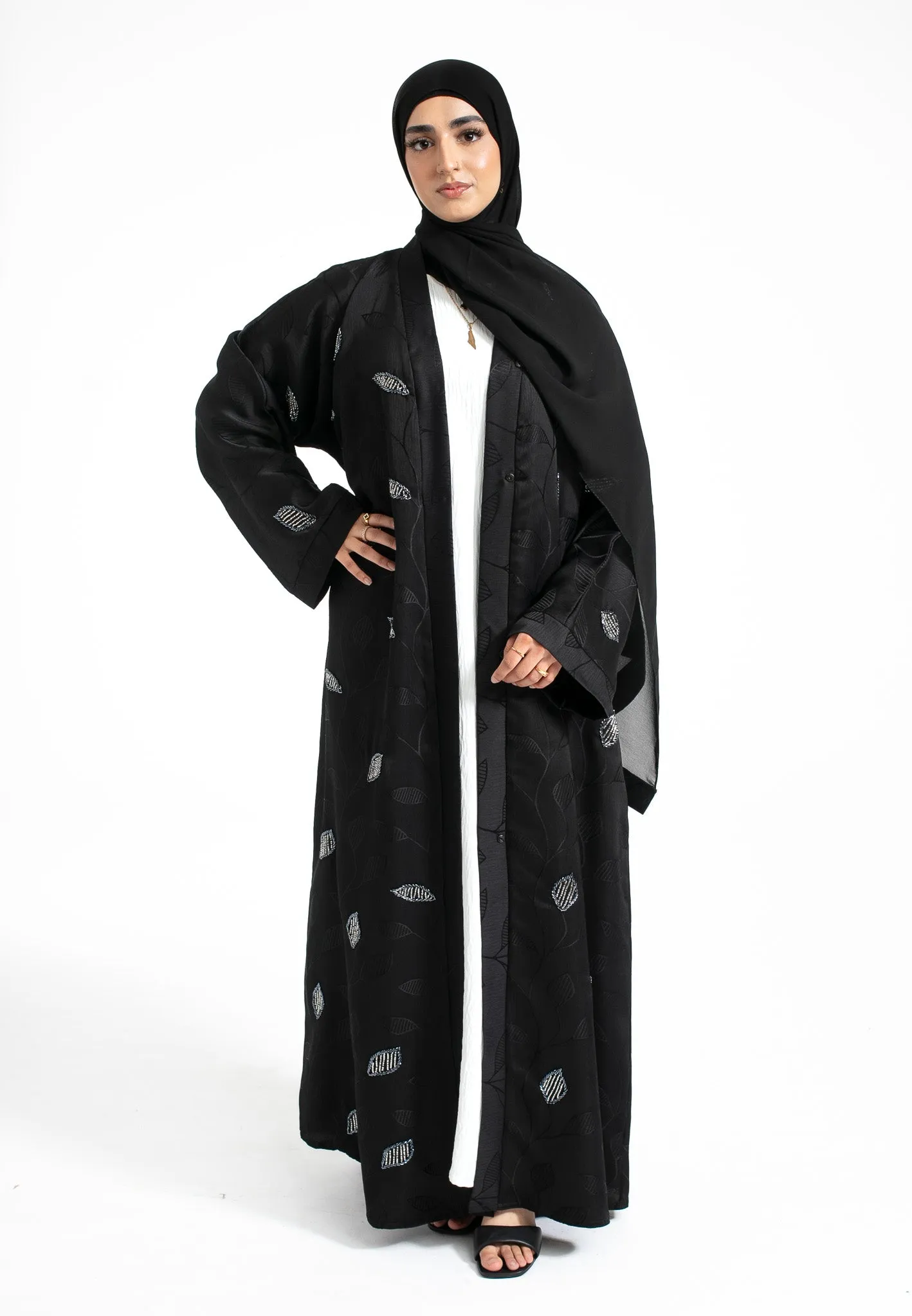 Black Deluxe Khaleeji-Style Silver Embellished Open Abaya (Premium)