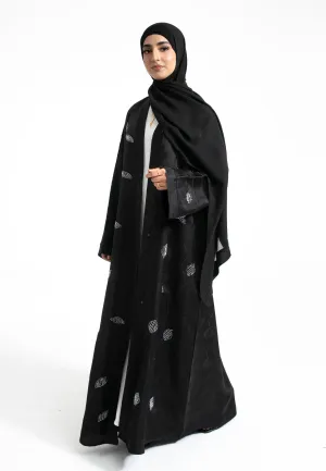 Black Deluxe Khaleeji-Style Silver Embellished Open Abaya (Premium)