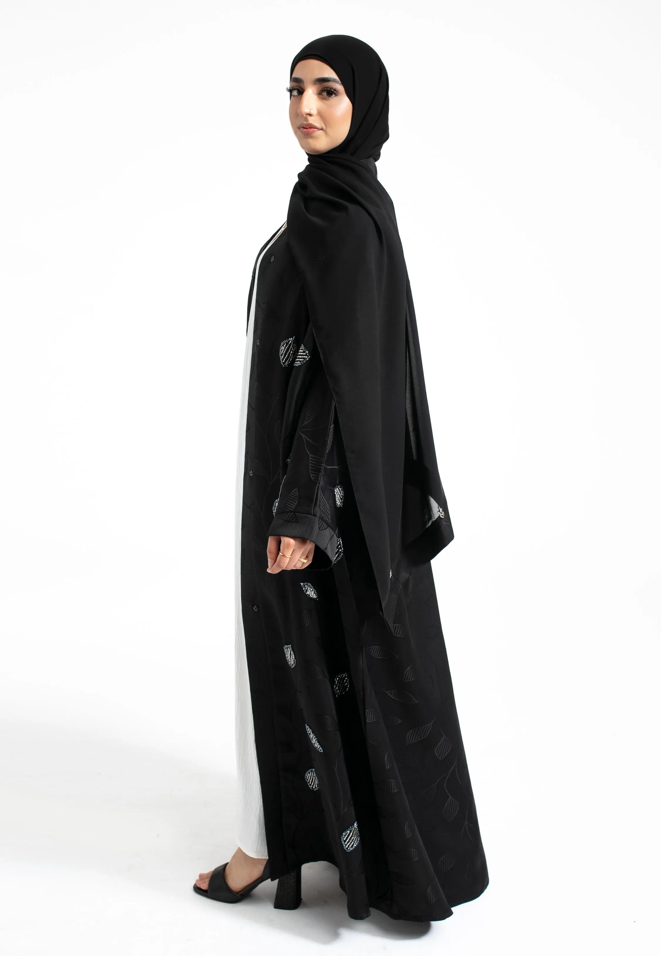 Black Deluxe Khaleeji-Style Silver Embellished Open Abaya (Premium)