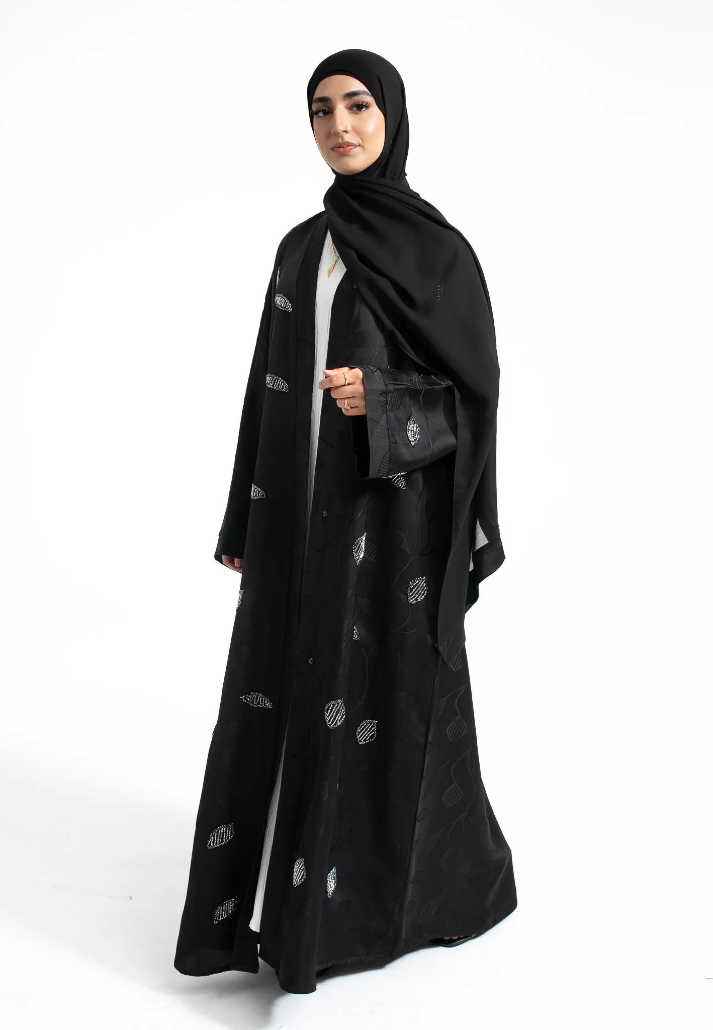Black Deluxe Khaleeji-Style Silver Embellished Open Abaya (Premium)